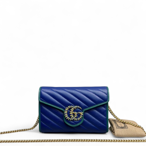 Gucci Matelasse GG Marmont Chain Wallet Calfskin Blue Green