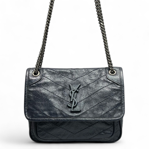 Yves Saint Laurent Baby Niki Chain Pull Up Leather Navy Blue