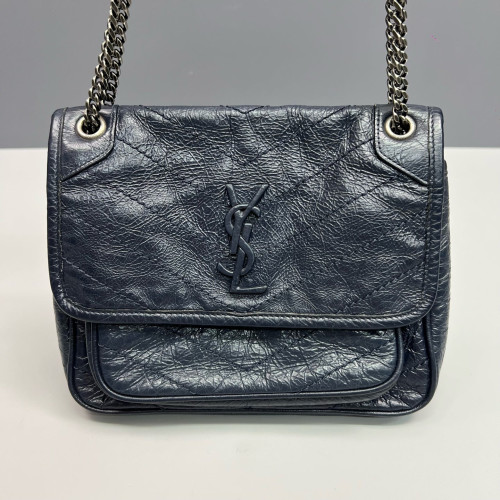 Yves Saint Laurent Baby Niki Chain Pull Up Leather Navy Blue