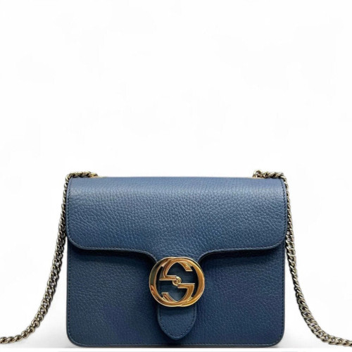 Gucci Small Interlocking G Shoulder Bag Grained Calfskin Blue