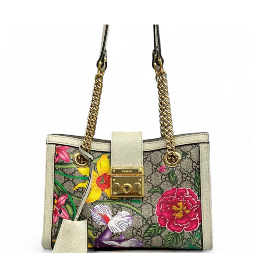 Gucci Print Small Padlock Tote GG Supreme Monogram Blooms Calfskin White Khaki