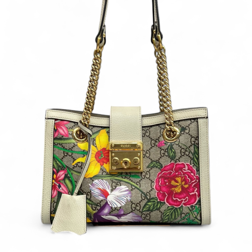 Gucci Print Small Padlock Tote GG Supreme Monogram Blooms Calfskin White Khaki
