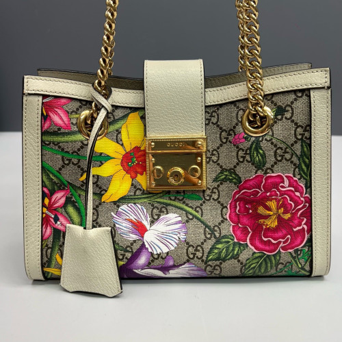 Gucci Print Small Padlock Tote GG Supreme Monogram Blooms Calfskin White Khaki