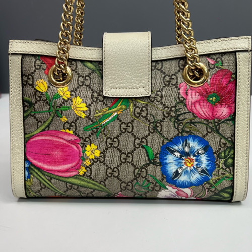 Gucci Print Small Padlock Tote GG Supreme Monogram Blooms Calfskin White Khaki
