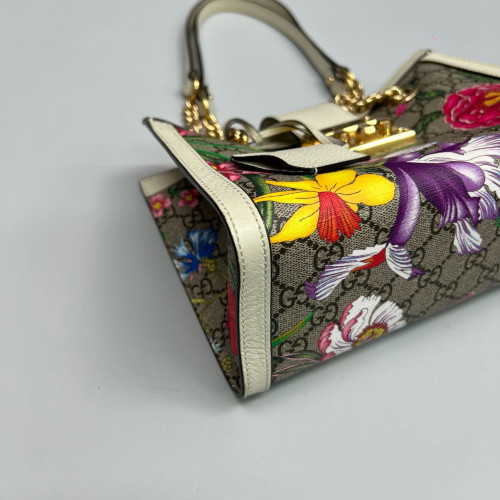 Gucci Print Small Padlock Tote GG Supreme Monogram Blooms Calfskin White Khaki