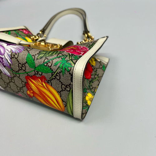 Gucci Print Small Padlock Tote GG Supreme Monogram Blooms Calfskin White Khaki