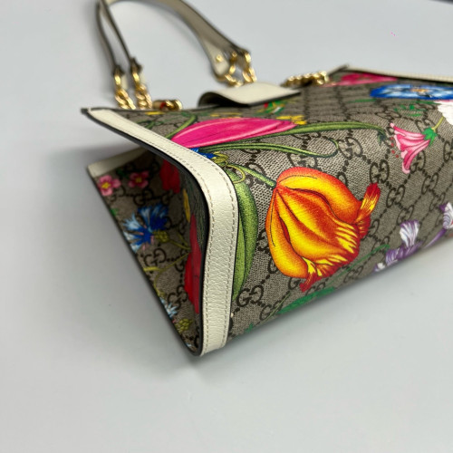Gucci Print Small Padlock Tote GG Supreme Monogram Blooms Calfskin White Khaki