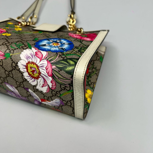 Gucci Print Small Padlock Tote GG Supreme Monogram Blooms Calfskin White Khaki