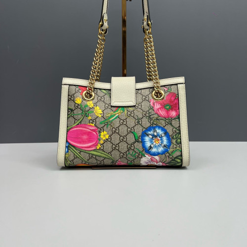 Gucci Print Small Padlock Tote GG Supreme Monogram Blooms Calfskin White Khaki