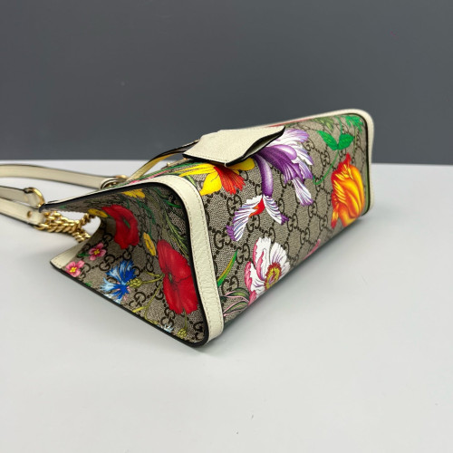 Gucci Print Small Padlock Tote GG Supreme Monogram Blooms Calfskin White Khaki