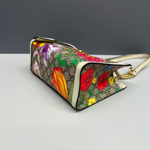 Gucci Print Small Padlock Tote GG Supreme Monogram Blooms Calfskin White Khaki