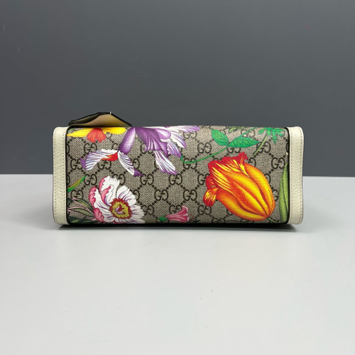 Gucci Print Small Padlock Tote GG Supreme Monogram Blooms Calfskin White Khaki