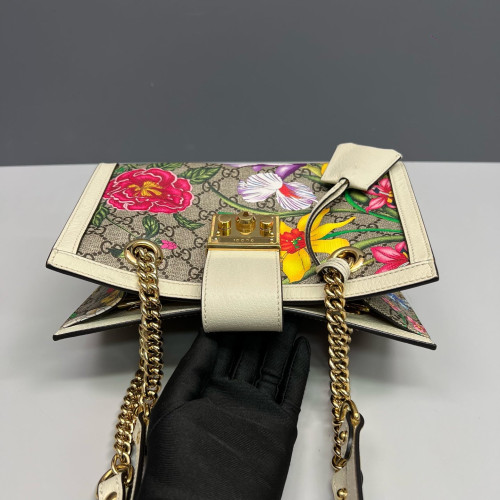 Gucci Print Small Padlock Tote GG Supreme Monogram Blooms Calfskin White Khaki