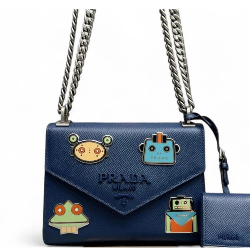 Prada Robot Patches Flap Bag Saffiano Calfskin Blue