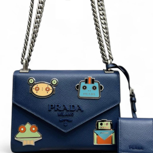 Prada Robot Patches Flap Bag Saffiano Calfskin Blue