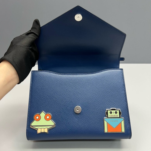 Prada Robot Patches Flap Bag Saffiano Calfskin Blue