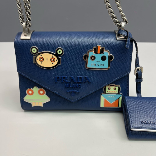 Prada Robot Patches Flap Bag Saffiano Calfskin Blue