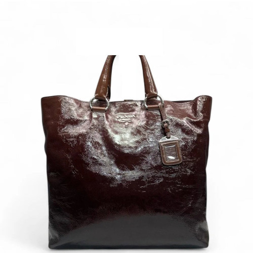 Prada Tote Bag Pull Up Leather Dark Brown Burgundy