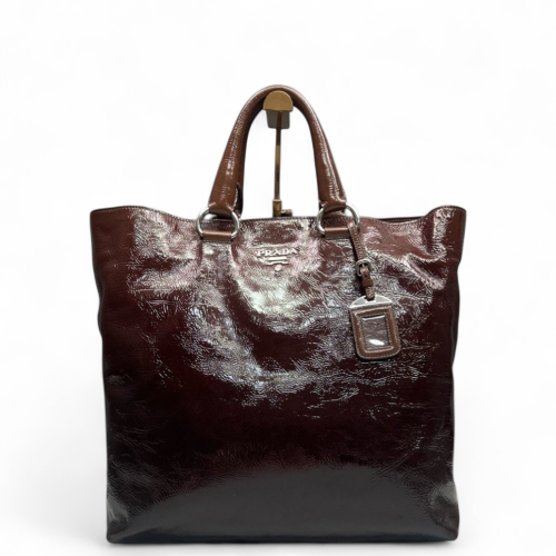 Prada Tote Bag Pull Up Leather Dark Brown Burgundy