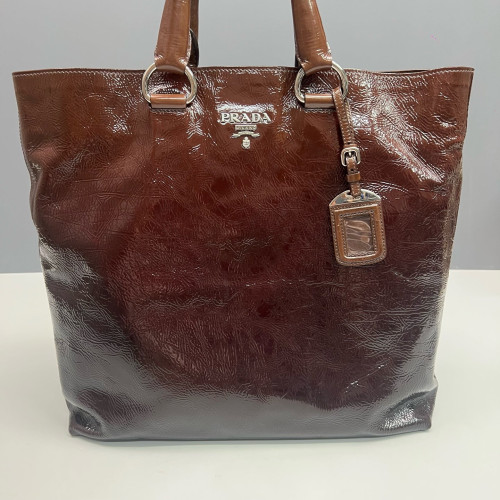 Prada Tote Bag Pull Up Leather Dark Brown Burgundy
