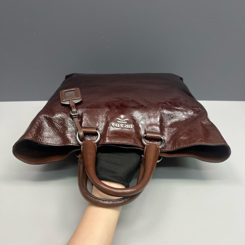 Prada Tote Bag Pull Up Leather Dark Brown Burgundy