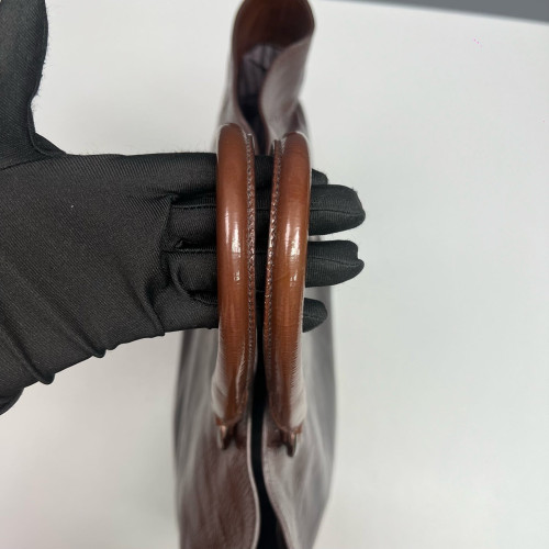 Prada Tote Bag Pull Up Leather Dark Brown Burgundy