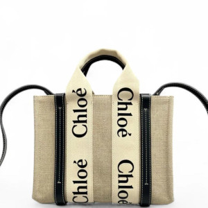 Chloe Small Woody Ribbon Tote Canvas Calfskin Beige Black