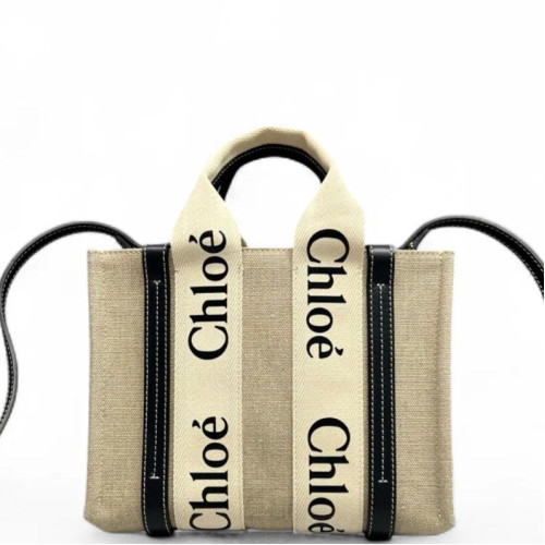 Chloe Small Woody Ribbon Tote Canvas Calfskin Beige Black