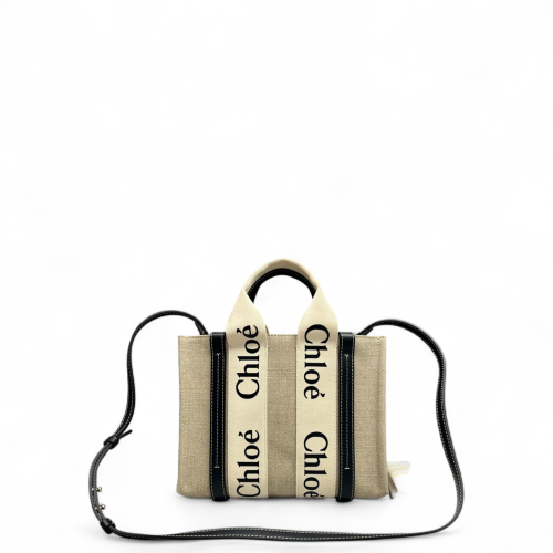 Chloe Small Woody Ribbon Tote Canvas Calfskin Beige Black