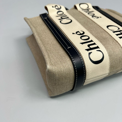 Chloe Small Woody Ribbon Tote Canvas Calfskin Beige Black