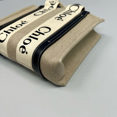 Chloe Small Woody Ribbon Tote Canvas Calfskin Beige Black