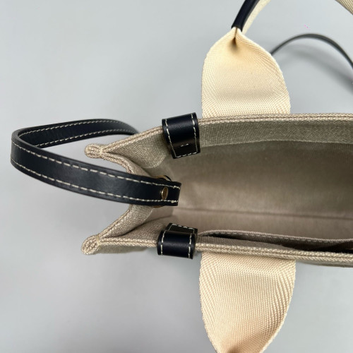 Chloe Small Woody Ribbon Tote Canvas Calfskin Beige Black