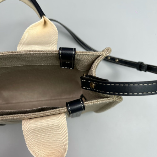 Chloe Small Woody Ribbon Tote Canvas Calfskin Beige Black