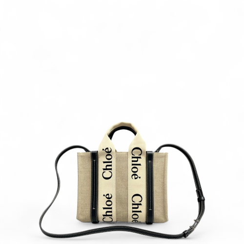 Chloe Small Woody Ribbon Tote Canvas Calfskin Beige Black