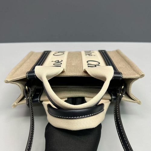 Chloe Small Woody Ribbon Tote Canvas Calfskin Beige Black