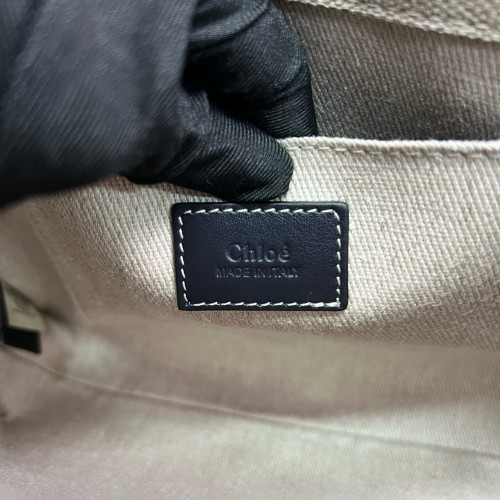 Chloe Small Woody Ribbon Tote Canvas Calfskin Beige Black