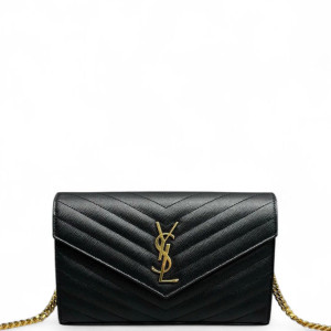 Yves Saint Laurent Envelope Wallet On Chain Shiny Caviar Calfskin Black
