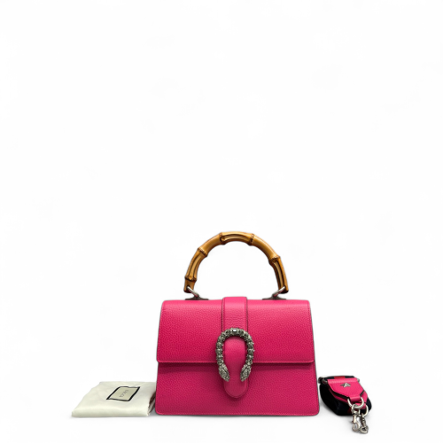 Gucci Crystal Embellished Small Dioysus Bamboo Top Handle Bag Grained Calfskin New Rosette