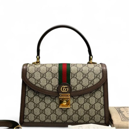 Gucci Web Medium Ophidia Padlock Top Handle GG Supreme Monogram Calfskin Beige Brown Green