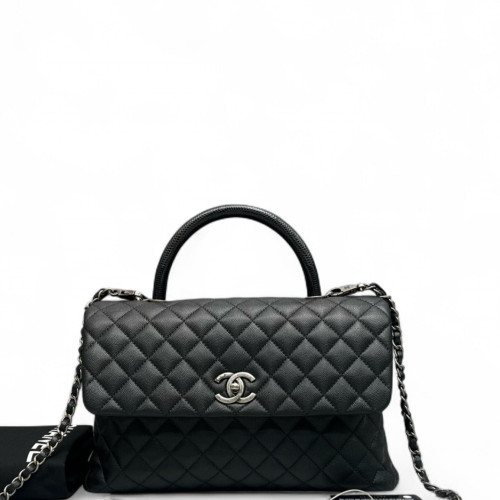 Chanel Quilted Large Coco Handle Caviar Lizard Black