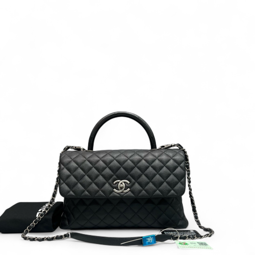 Chanel Quilted Large Coco Handle Caviar Lizard Black