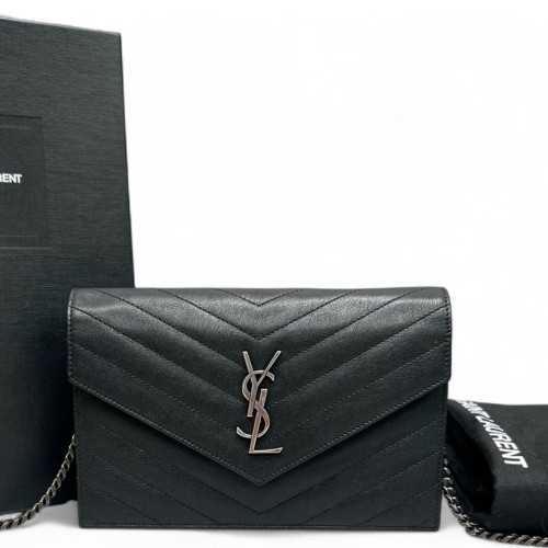 Yves Saint Laurent Small Envelope Chain Wallet Calfskin Black