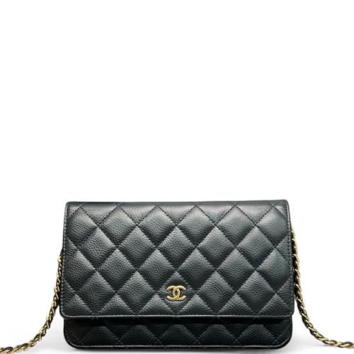 Chanel Quilted Wallet On Chain Grained Calfskin Black