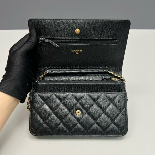 Chanel Quilted Wallet On Chain Grained Calfskin Black