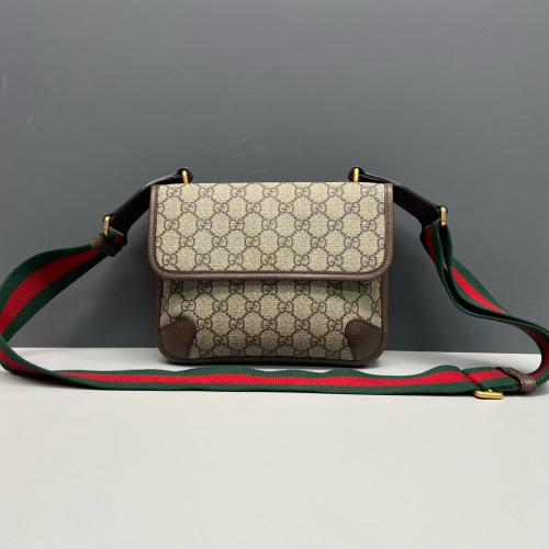 Gucci Small Neo Vintage Double Flap Messenger Bag GG Supreme Monogram Brown Green Red