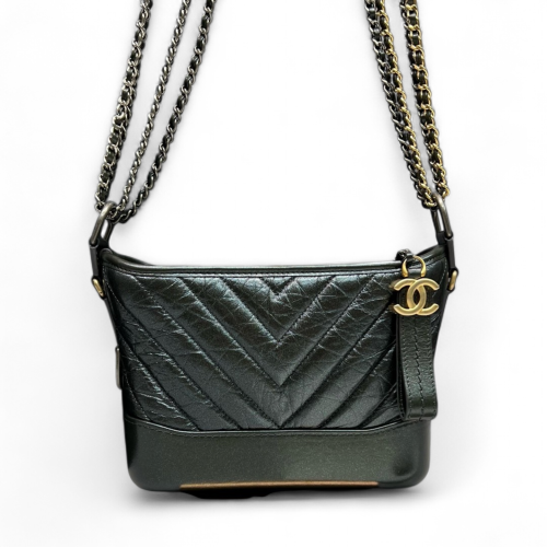 Chanel Chevron Quilted Small Gabrielle Hobo Crumpled Calfskin Dark Green