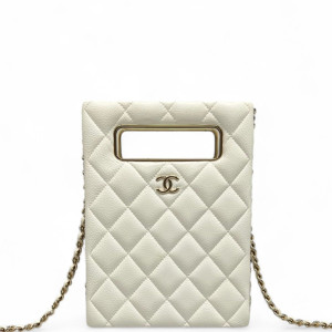 Chanel Quilted Chain Around Chain Around Cut Out Handle Evening Tote Grained Calfskin White