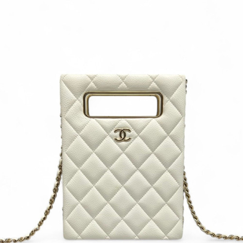 Chanel Quilted Chain Around Chain Around Cut Out Handle Evening Tote Grained Calfskin White