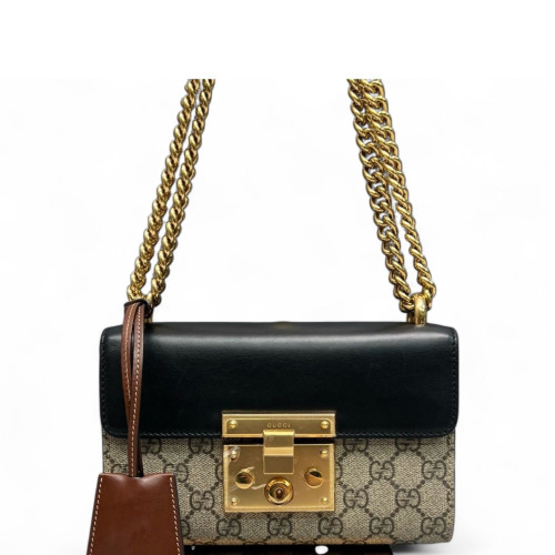 Gucci Small Padlock Shoulder Bag GG Supreme Monogram Leather Beige Black Brown
