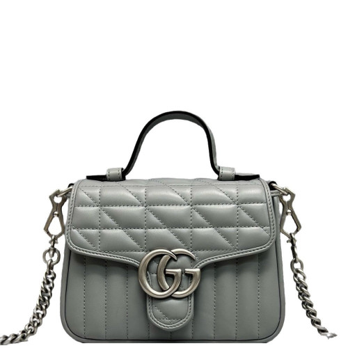 Gucci Matelasse Mini GG Marmont Top Handle Chain Shoulder Bag Calfskin Grey